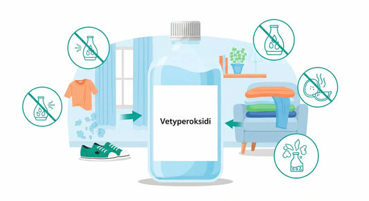 Kuvitus vetyperoksidipullosta suomalaisessa kodissa, jossa haisevat kengät ja vaatteet ovat raikastuneet.