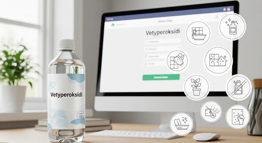 Kirkas vetyperoksidipullo, taustalla tietokone, verkkokauppa ja ikonit kaivon, kasvien ja pintojen puhdistuksesta