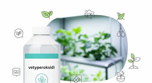 Kuvitus vetyperoksidista vesiviljelyssä. Kuvassa vetyperoksidipullo ja vesiviljelyjärjestelmä.