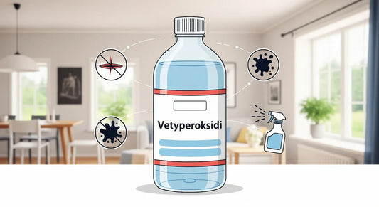 Kuva vetyperoksidipullosta suomalaisessa kodissa, jossa on siihen liittyviä symboleja.
