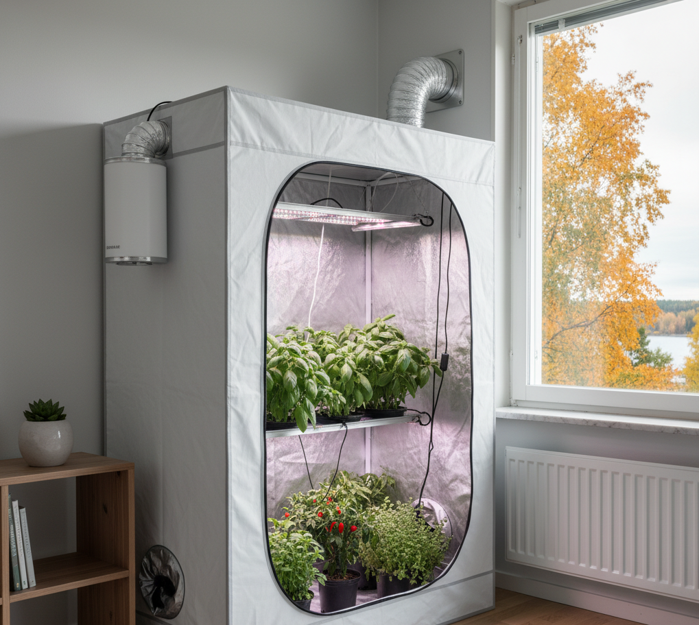 Moderni kasviteltta yrtteineen suomalaisessa asunnossa, ikkunasta näkyy syksyisiä puita. Kuvassa on esillä hajunhallintajärjestelmä.