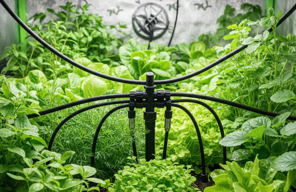 Kasvatusteltan automaattinen tippukastelujärjestelmä yrteille ja salaatille.