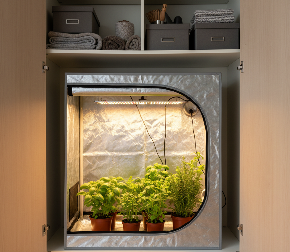 Kasvatusteltta yrtteineen suomalaisessa asunnossa.