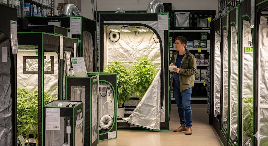 Kuva miehestä katsomassa valitsemassa kasvatustelttoja