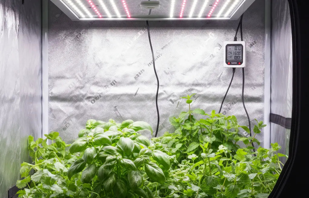 Kasvatusteltta ja yrttejä, jotka led-paneeli valaisee.