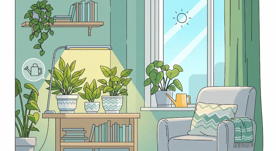 Moderni kuva suomalaisesta kodista, kasveista ja kasvivalosta.