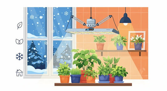 Ikkunalauta ja yrtit valaistuina LED valolla 30 cm etäisyydeltä