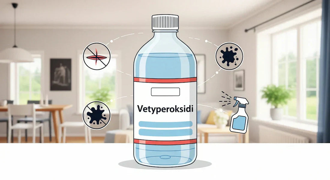 Kuva vetyperoksidipullosta suomalaisessa kodissa, jossa on siihen liittyviä symboleja.