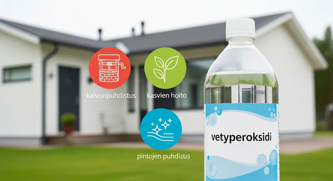 Kuva esittää vetyperoksidipulloa suomalaisen kodin edustalla. Vieressä symbolit kaivonpuhdistukseen, kasvien hoitoon ja pintojen puhdistukseen