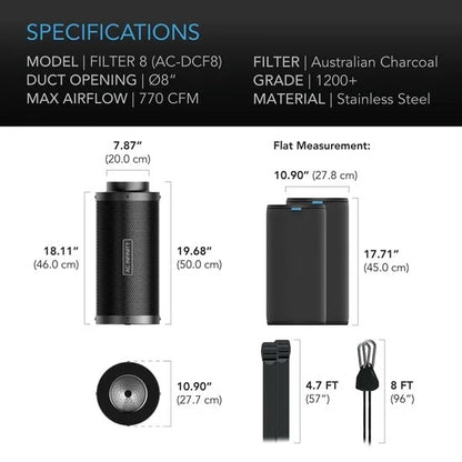 AC Infinity Aktiivihiilisuodatin 200 mm  – 1300 m³/h | Premium aktiivihiili