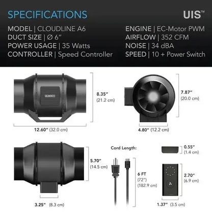 AC Infinity CLOUDLINE A6 – hiljainen kanavapuhallin 150mm 600 m³/h 10-nopeussäätimellä