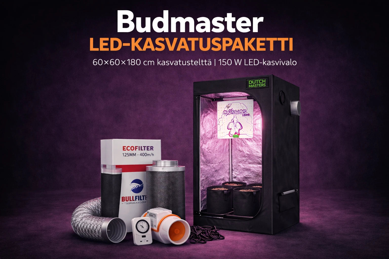 Budmaster LED-kasvatuspaketti | Telttapaketti 150W LED & 60×60×180 cm kasvatusteltta