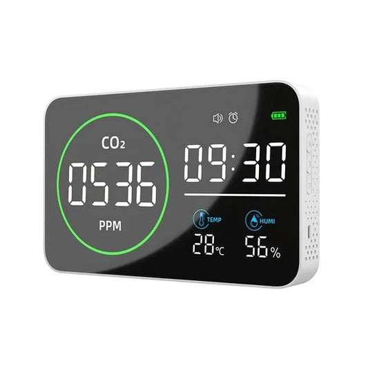 4-in-1 CO₂ ilmanlaatumittari – CO₂, lämpötila, kosteus ja kello